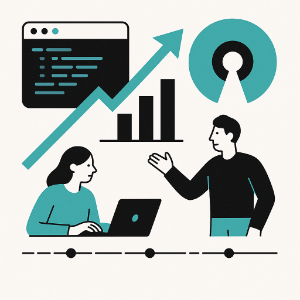 An AI generated cartoon that shows an increasing bar chart, code, the OSI symbol, and people talking.