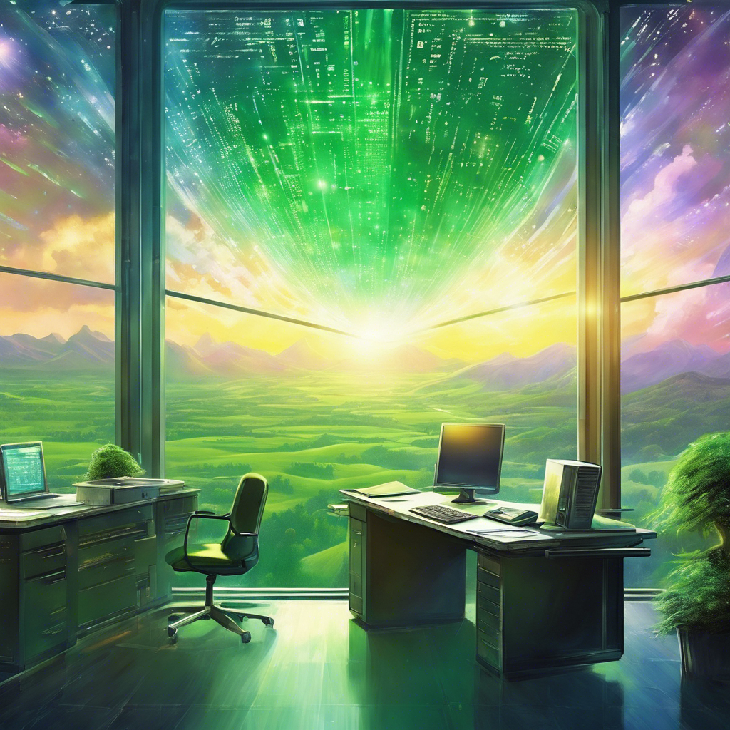 AI generated image of an office overlooking green scenery with clouds resembling green code in the background.